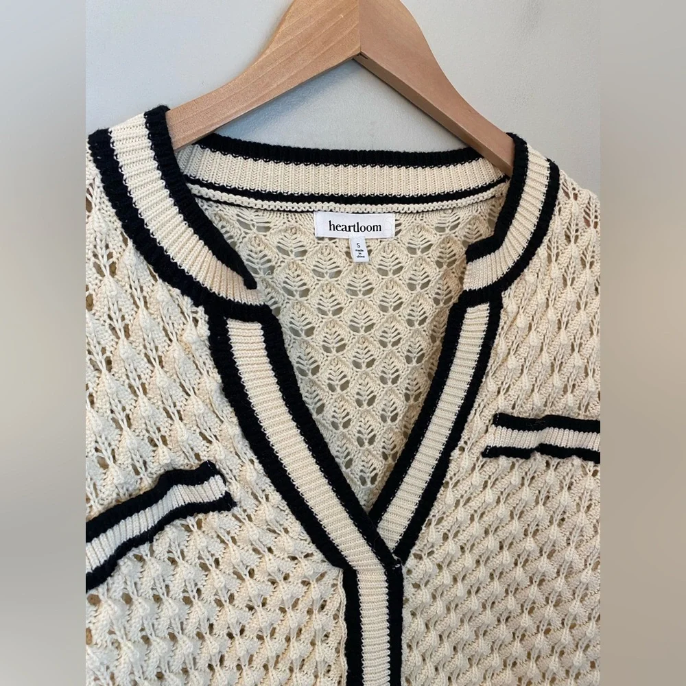 Heartloom Sybil Sweater Crochet Knit V Neck Ivory Size Small Preppy Cottagecore - Picture 4 of 16